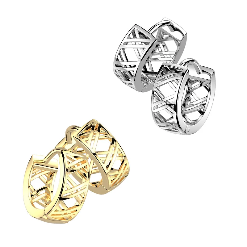 Pair of 316L Surgical Steel Gold PVD Cut Out Criss Cross Patterned Hinged Hoop Earrings