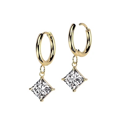 Pair of 316L Surgical Steel Gold PVD White CZ Square Gem Dangle Hoop Earrings