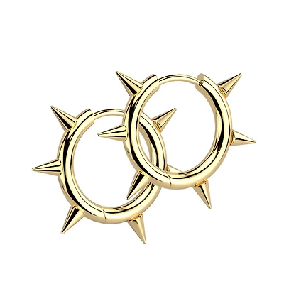 Pair of 316L Surgical Steel Gold PVD Thin Spike Hinged Hoop Earring