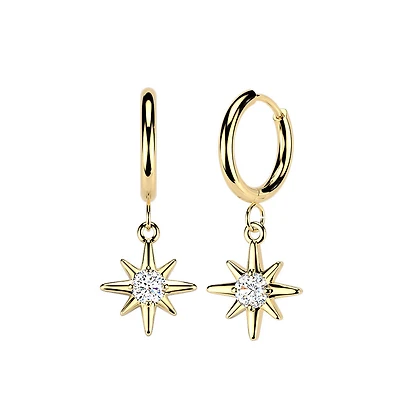 Pair of 316L Surgical Steel Gold PVD White CZ Starburst Large Dangle Hinged Hoop Earrings