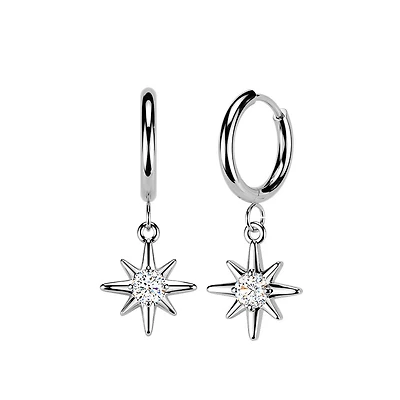 Pair of 316L Surgical Steel White CZ Starburst Large Dangle Hinged Hoop Earrings