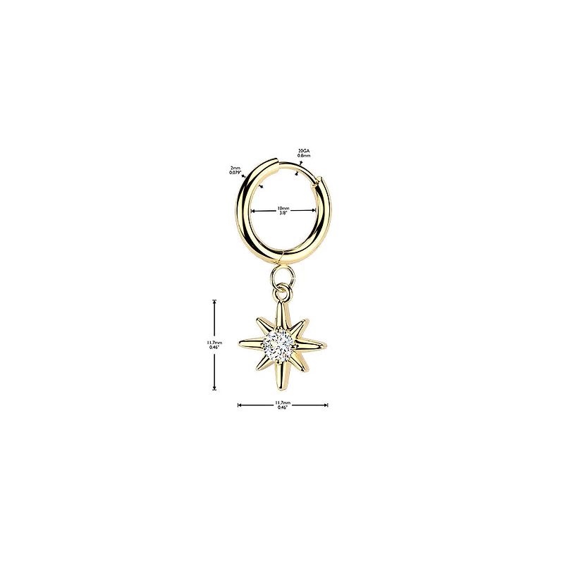 Pair of 316L Surgical Steel Gold PVD White CZ Starburst Large Dangle Hinged Hoop Earrings
