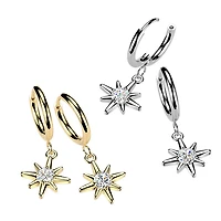 Pair of 316L Surgical Steel Gold PVD White CZ Starburst Large Dangle Hinged Hoop Earrings
