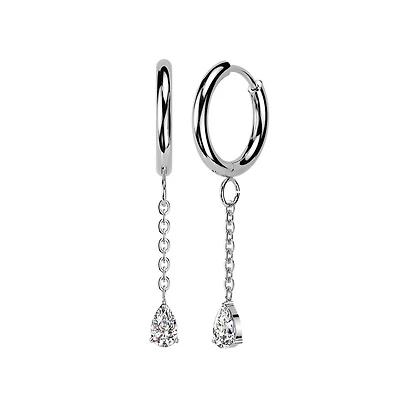 Pair of 316L Surgical Steel White CZ Long Teardrop Dangle Hinged Hoop Earrings