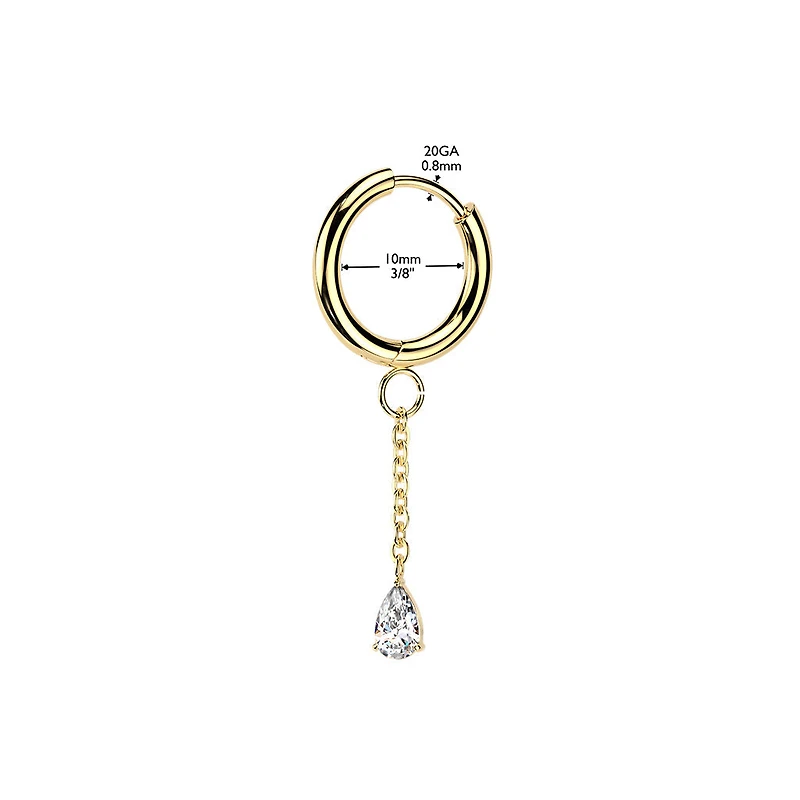 Pair of 316L Surgical Steel Gold PVD White CZ Long Teardrop Dangle Hinged Hoop Earrings