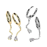 Pair of 316L Surgical Steel White CZ Long Teardrop Dangle Hinged Hoop Earrings