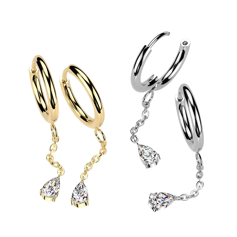 Pair of 316L Surgical Steel Gold PVD White CZ Long Teardrop Dangle Hinged Hoop Earrings