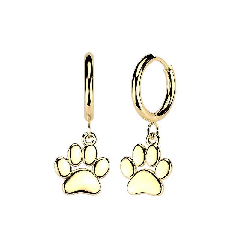 Pair of 316L Surgical Steel Gold PVD Large Paw Print Dangle Hoop Earrings