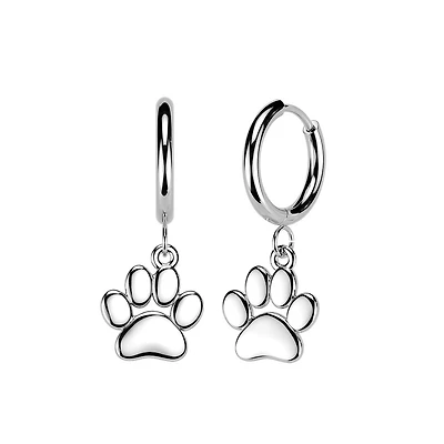 Pair of 316L Surgical Steel Large Paw Print Dangle Hoop Earrings