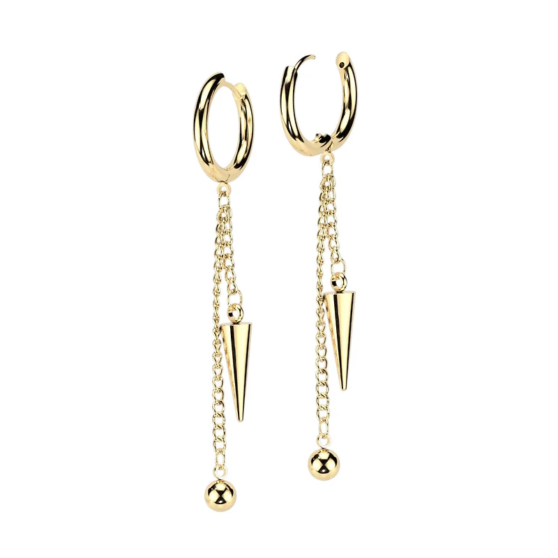 Pair of 316L Surgical Steel Gold PVD Ball And Spike Chain Dangle Hoop Earrings