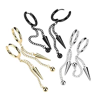 Pair of 316L Surgical Steel Black PVD Ball And Spike Chain Dangle Hoop Earrings