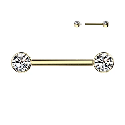Implant Grade Titanium Gold PVD Nipple Barbell With Internally Threaded White CZ Gems