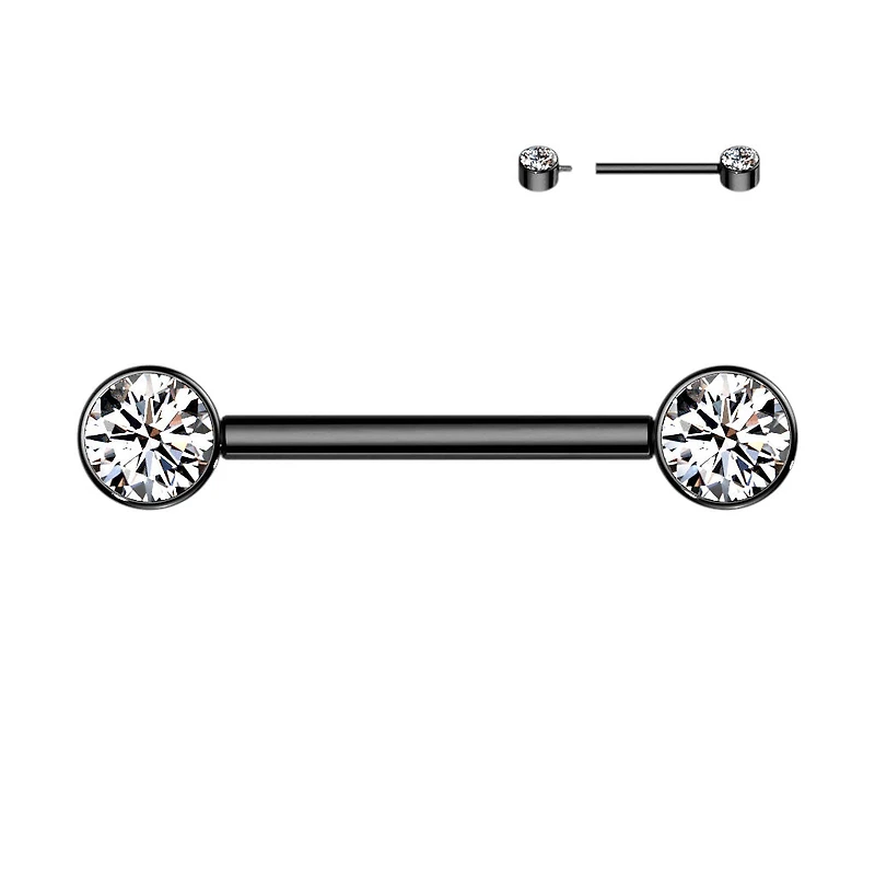 Implant Grade Titanium Black PVD Nipple Barbell With Internally Threaded White CZ Gems
