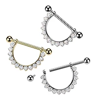 Implant Grade Titanium Gold PVD White CZ Nipple Shield Internally Threaded Straight Barbell