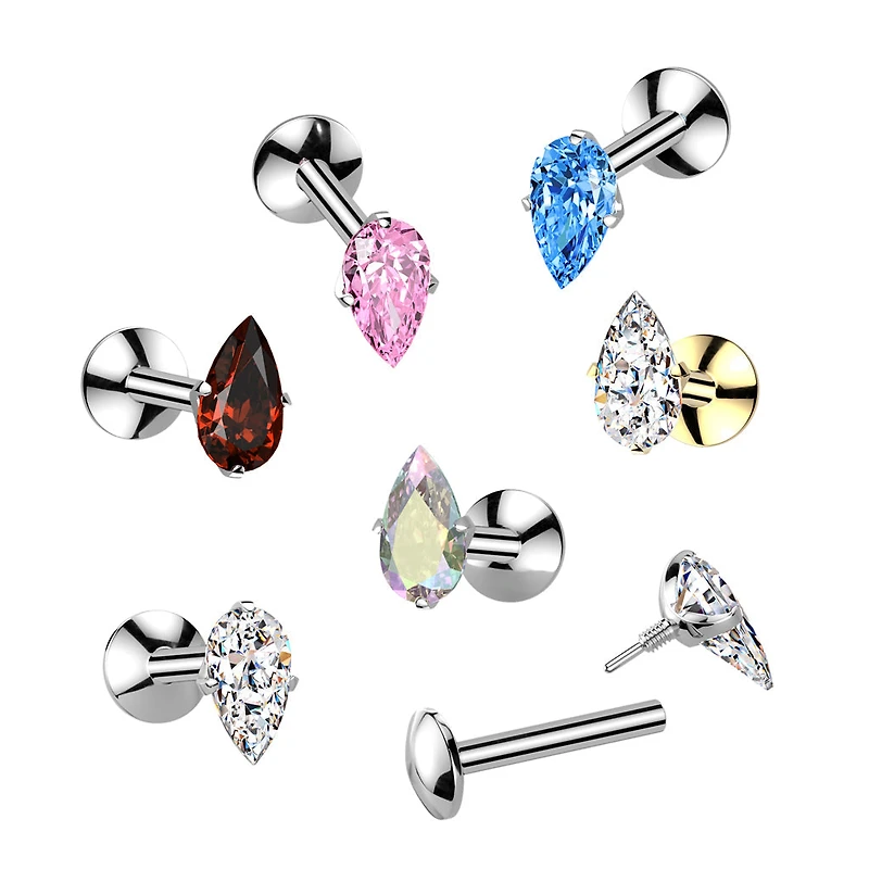 Implant Grade Titanium Aqua CZ Teardrop Shaped Internally Threaded Flat Back Labret