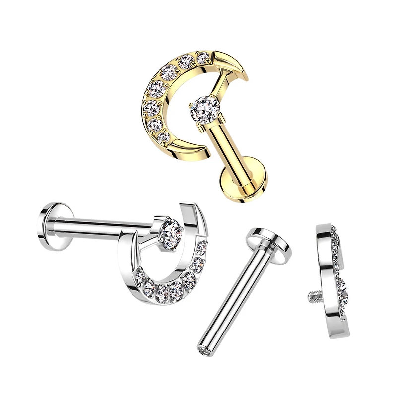 Implant Grade Titanium White CZ Internally Threaded Crescent Moon Labret Flat Back