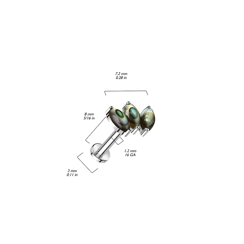 Implant Grade Titanium Triple Marquise Abalone Shell Internally Threaded Flat Back Labret