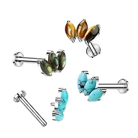 Implant Grade Titanium Triple Marquise Abalone Shell Internally Threaded Flat Back Labret