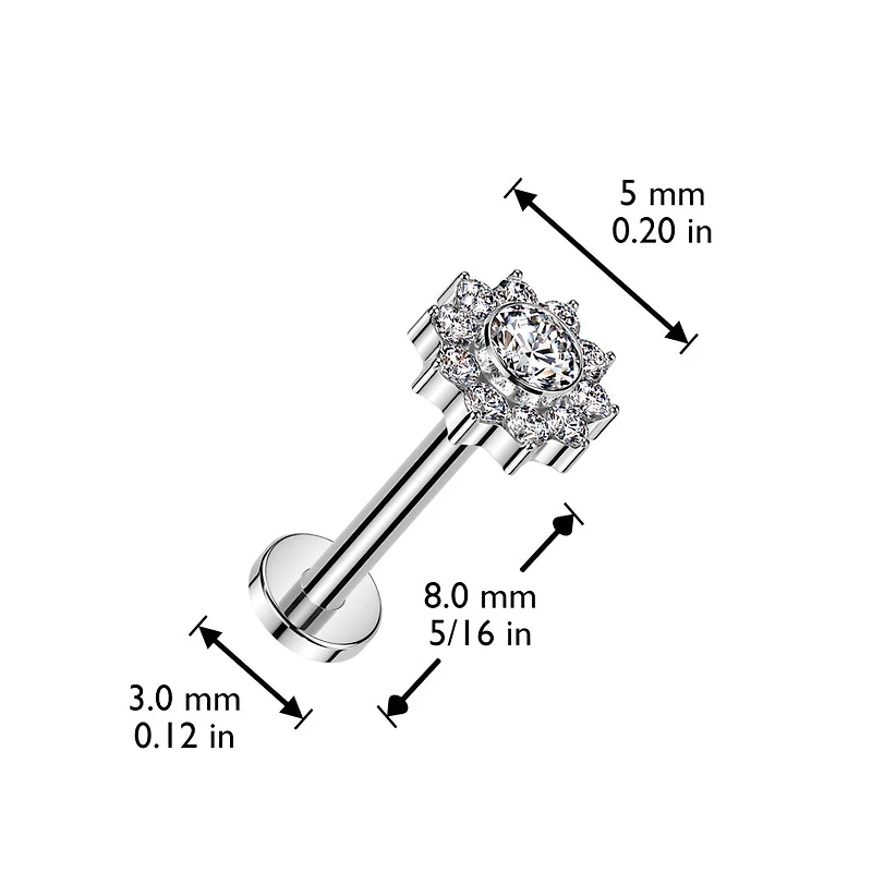 Implant Grade Titanium Gold PVD White CZ Flower Internally Threaded Flat Back Labret
