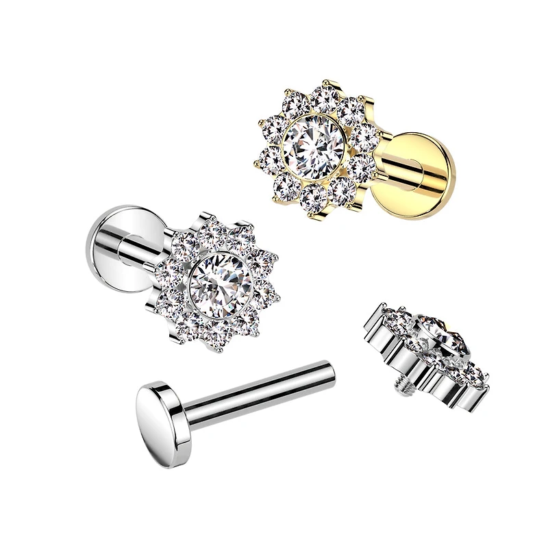 Implant Grade Titanium Gold PVD White CZ Flower Internally Threaded Flat Back Labret