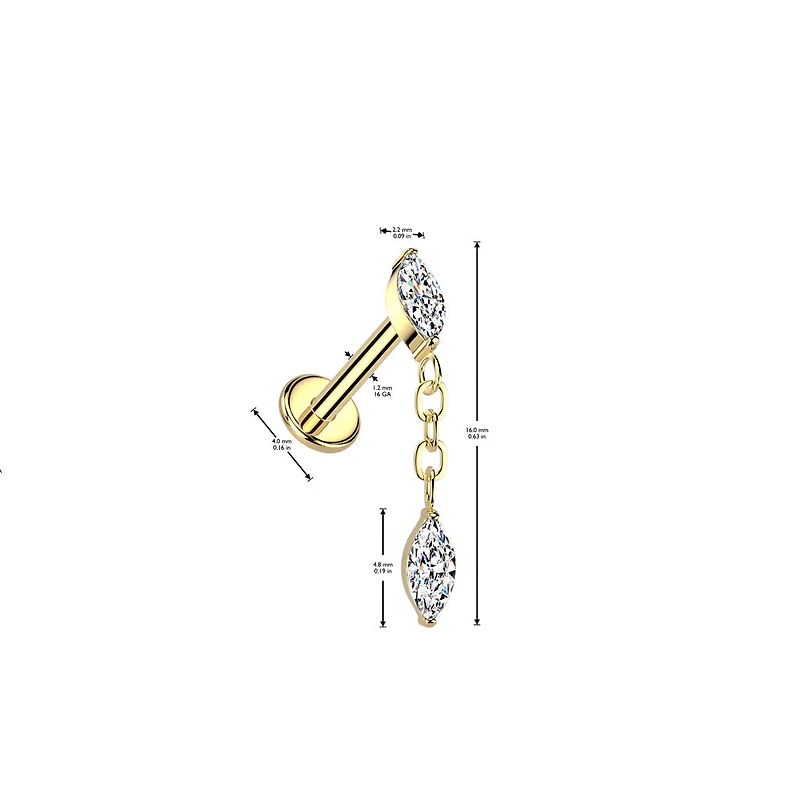 Implant Grade Titanium Gold PVD White CZ Marquise Gem Dangle Internally Threaded Labret
