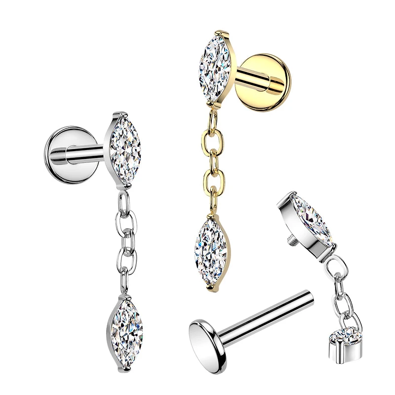 Implant Grade Titanium Gold PVD White CZ Marquise Gem Dangle Internally Threaded Labret