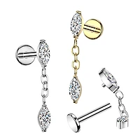 Implant Grade Titanium Gold PVD White CZ Marquise Gem Dangle Internally Threaded Labret