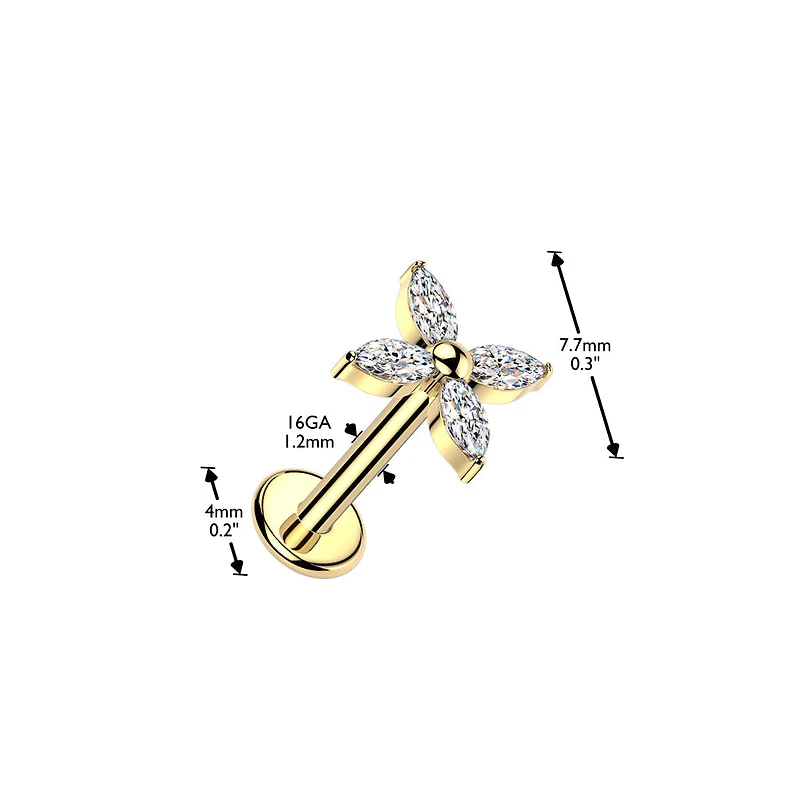 Implant Grade Titanium Gold PVD White CZ Large Four Petal Flower Internally Threaded Flat Back Labret