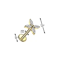 Implant Grade Titanium Gold PVD White CZ Large Four Petal Flower Internally Threaded Flat Back Labret