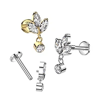 Implant Grade Titanium Gold PVD Triple Petal Flower White CZ Gem Dangle Flat Back Labret