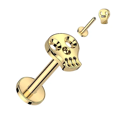 Implant Grade Titanium Gold PVD Skull Internally Threaded Flat Back Labret