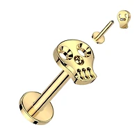 Implant Grade Titanium Gold PVD Skull Internally Threaded Flat Back Labret
