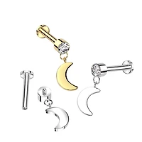 Implant Grade Titanium White CZ Crescent Moon Dangle Flat Back Labret