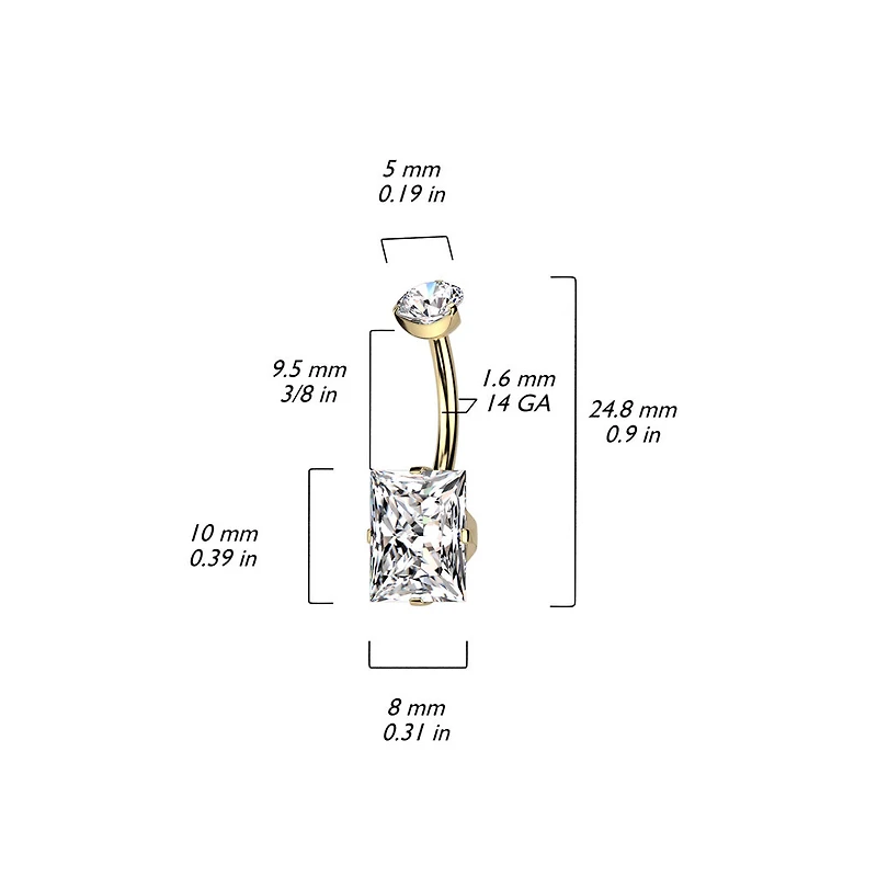 Implant Grade Titanium Gold PVD White CZ Squared Gem Belly Ring
