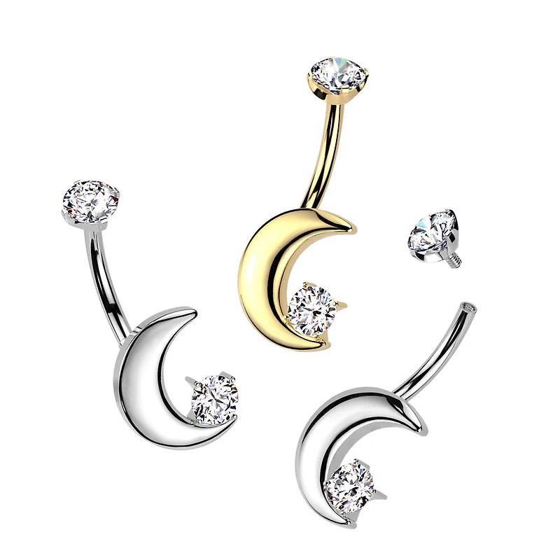 Implant Grade Titanium White CZ Crescent Moon Internally Threaded Belly Ring