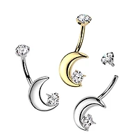 Implant Grade Titanium White CZ Crescent Moon Internally Threaded Belly Ring