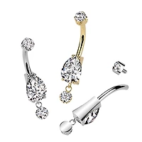 Implant Grade Titanium Gold PVD White CZ Teardrop Circle Dangle Belly Ring
