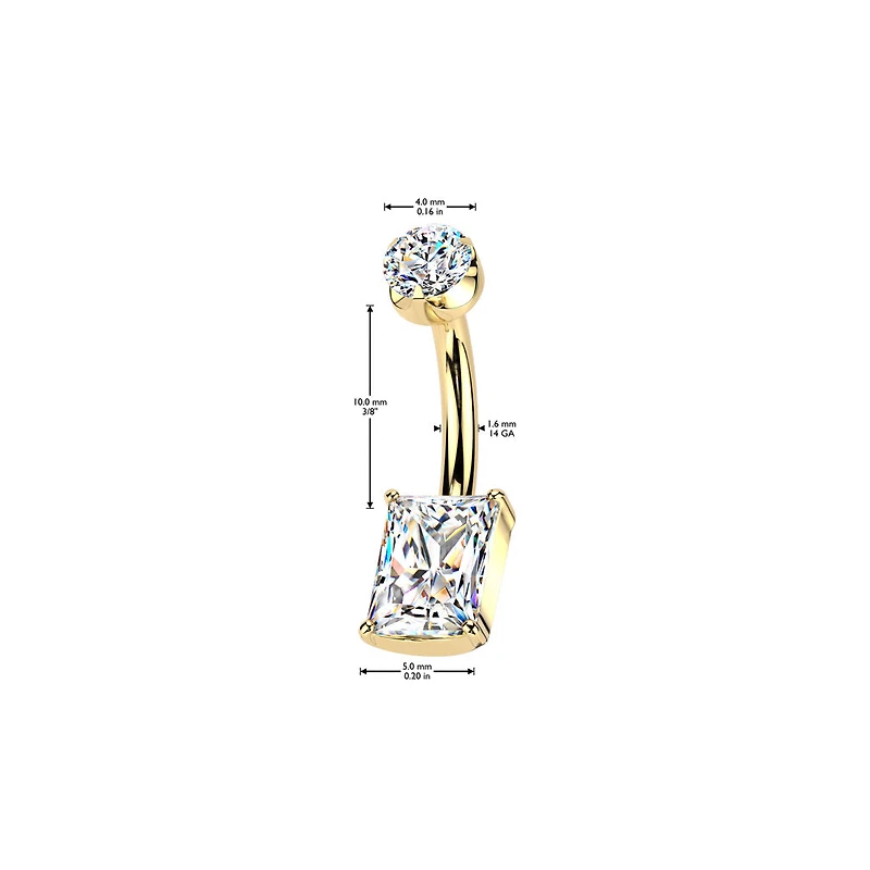 Implant Grade Titanium Gold PVD White CZ Rectangle Clawed Internally Threaded Belly Ring