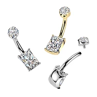 Implant Grade Titanium Gold PVD White CZ Rectangle Clawed Internally Threaded Belly Ring