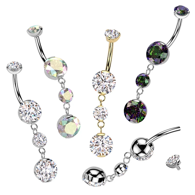 Implant Grade Titanium Vitrail Medium CZ Internally Threaded Multi Gem Dangle Belly Ring