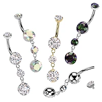 Implant Grade Titanium Vitrail Medium CZ Internally Threaded Multi Gem Dangle Belly Ring