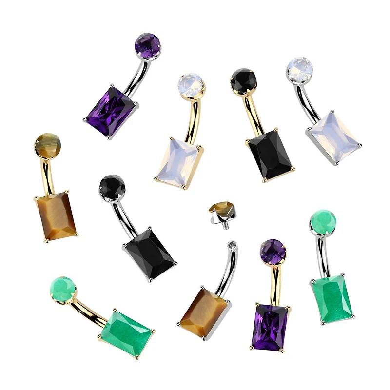 Implant Grade Titanium Gold PVD Black Agate Stone Rectangle Internally Threaded Belly Ring