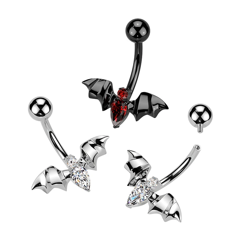 Implant Grade Titanium Black PVD Red CZ Internally Threaded Flying Bat Non Dangle Belly Ring