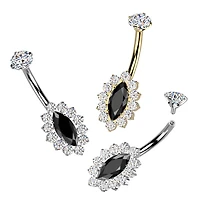 Implant Grade Titanium Gold PVD White & Black CZ Internally Threaded Marquise Non Dangle Belly Ring