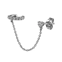 925 Sterling Silver Chain Connected CZ Stud With Faux Cartilage Conch Hoop - Single Piece