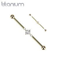 Implant Grade Titanium Gold PVD White CZ Square & Circle Gem Cluster Industrial Straight Barbell