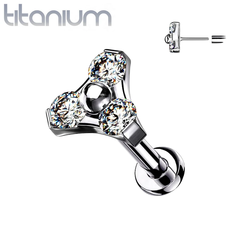 Implant Grade Titanium Threadless Push In Tragus/Cartilage White CZ Trillium With Flat Back