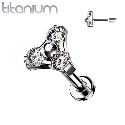 Implant Grade Titanium Threadless Push In Tragus/Cartilage White CZ Trillium With Flat Back