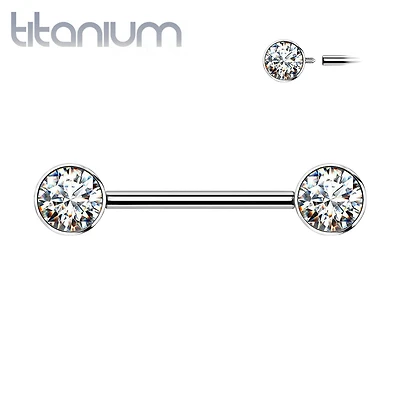 Implant Grade Titanium Nipple Barbell With Internally Threaded White CZ Gems