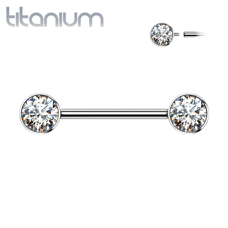 Implant Grade Titanium Nipple Barbell With Internally Threaded White CZ Gems